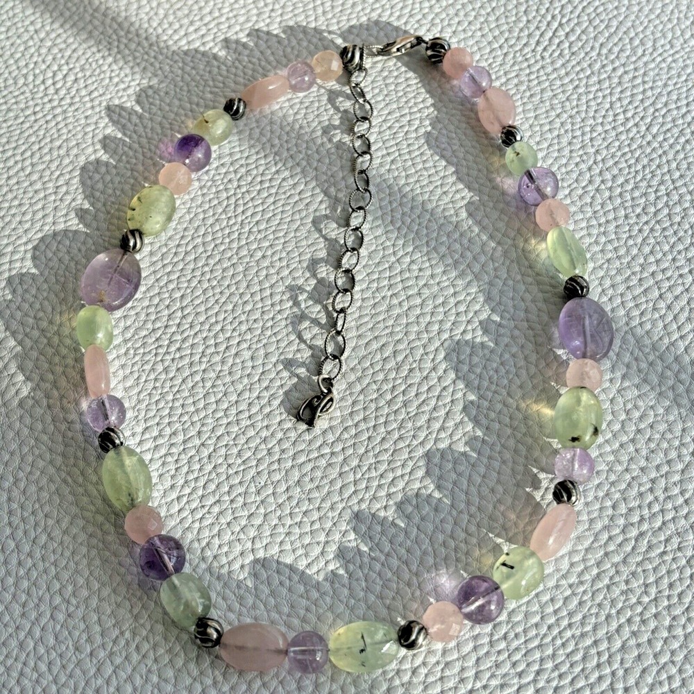 Vintage Carolyn Pollack Necklace 925 Silver Purple Green Pink Beaded Necklace